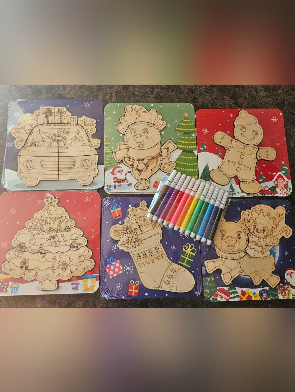 Holiday Wooden Paint-Your-Own Kids Toy Set with Markers - Multicolor